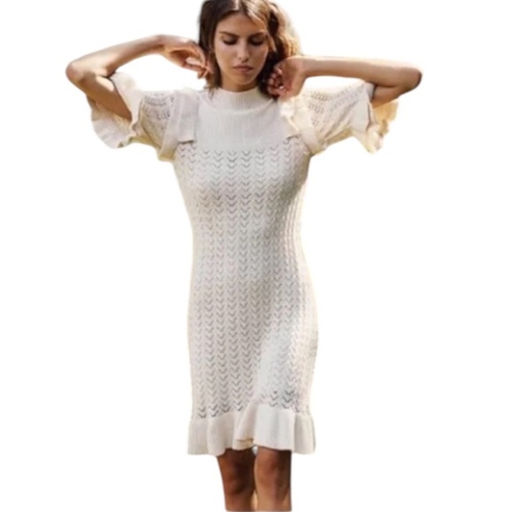 HAPPY X NATURE RUFFLE IVORY WHITE SWEATER DRESS L